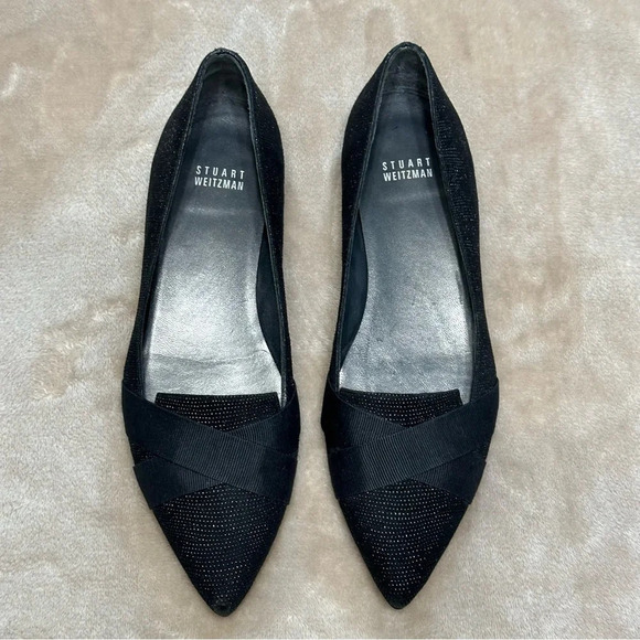 Stuart Weitzman Black Leather Flats Grosgrain Ribbon Black Studs Size 8.5 - Picture 5 of 10
